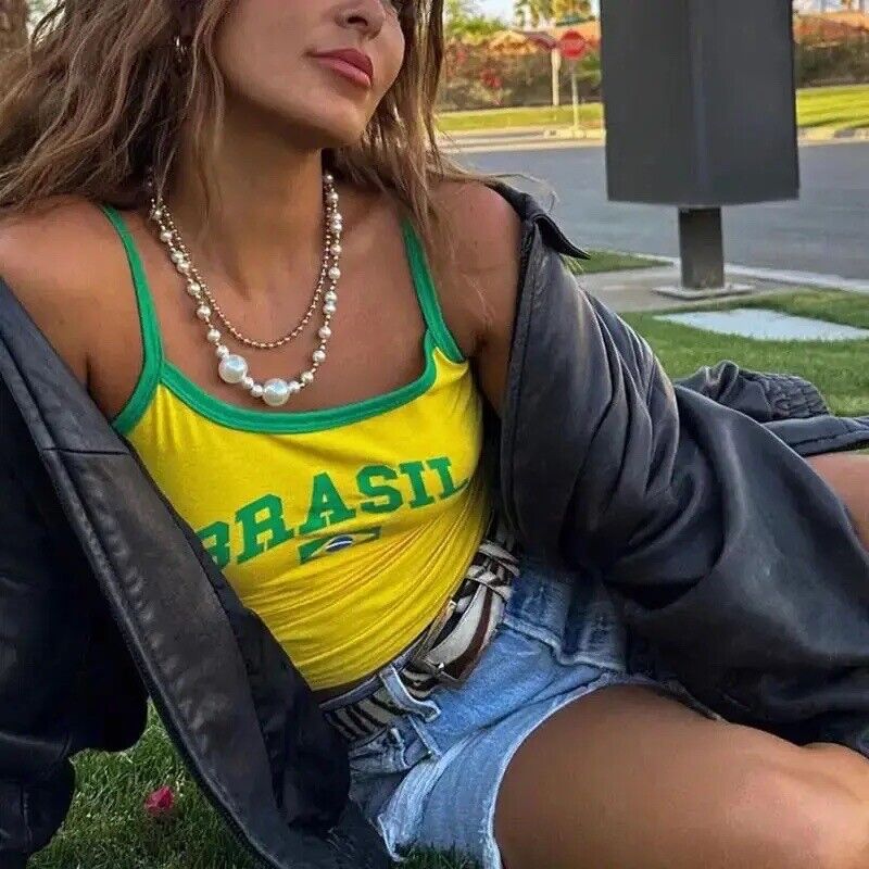 HABO Top Brazil Gelb Damen Spaghetti Top Brasilien Retro Y2K Retro Streetwear