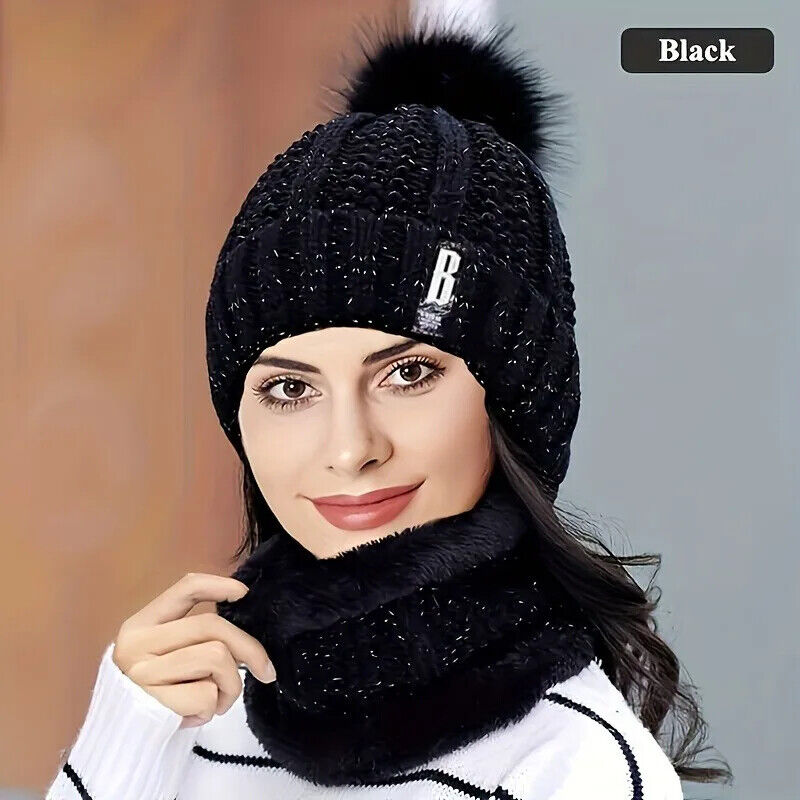 Strickmütze und Schal Set 2 in 1 Winter gefütter warm kuschelige Wintermütze