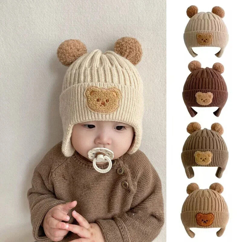 Baby Wollmütze niedliche Bärenmütze mit Ohrenschutz für Kleinkinder Winter Warm