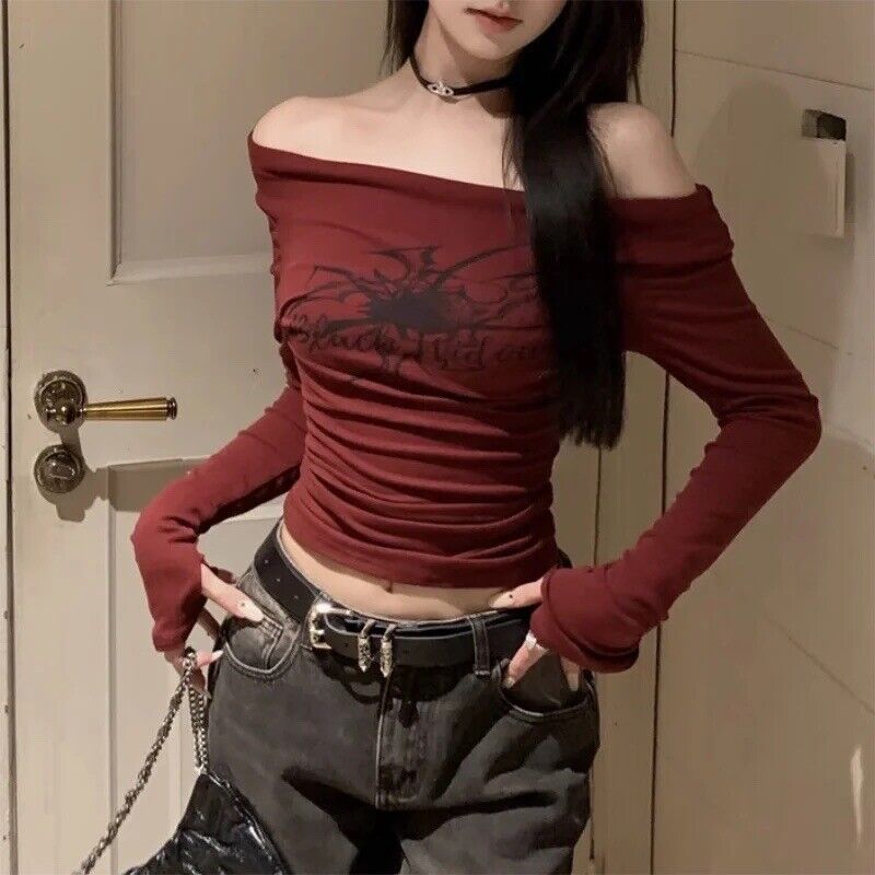 HABO Damen Gothic Y2K Langarm Top Long Sleeve Rot Streetwear Vintage Oberteil