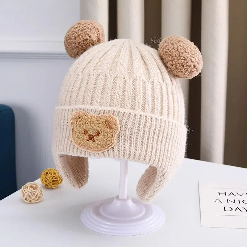 Baby Wollmütze niedliche Bärenmütze mit Ohrenschutz für Kleinkinder Winter Warm