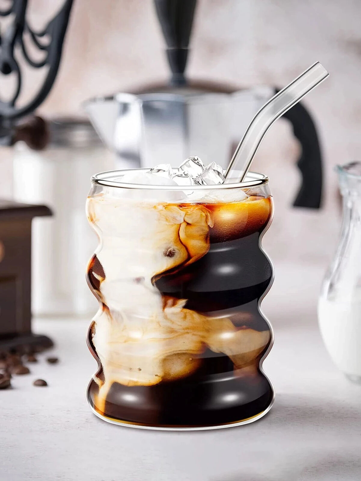 HABO 4-teiliges Kreatives Glasbecher-Set Kaffeetassen mit Strohhalmen