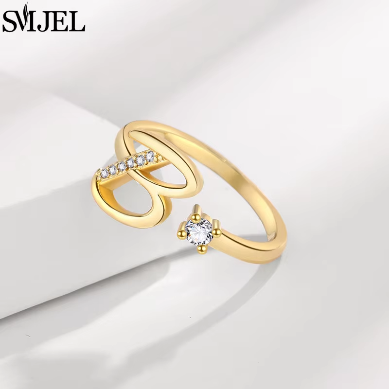 Gold Silber Buchstaben Ring Kunstdiamanten A-Z Für Frauen Verstellbar Geschenk