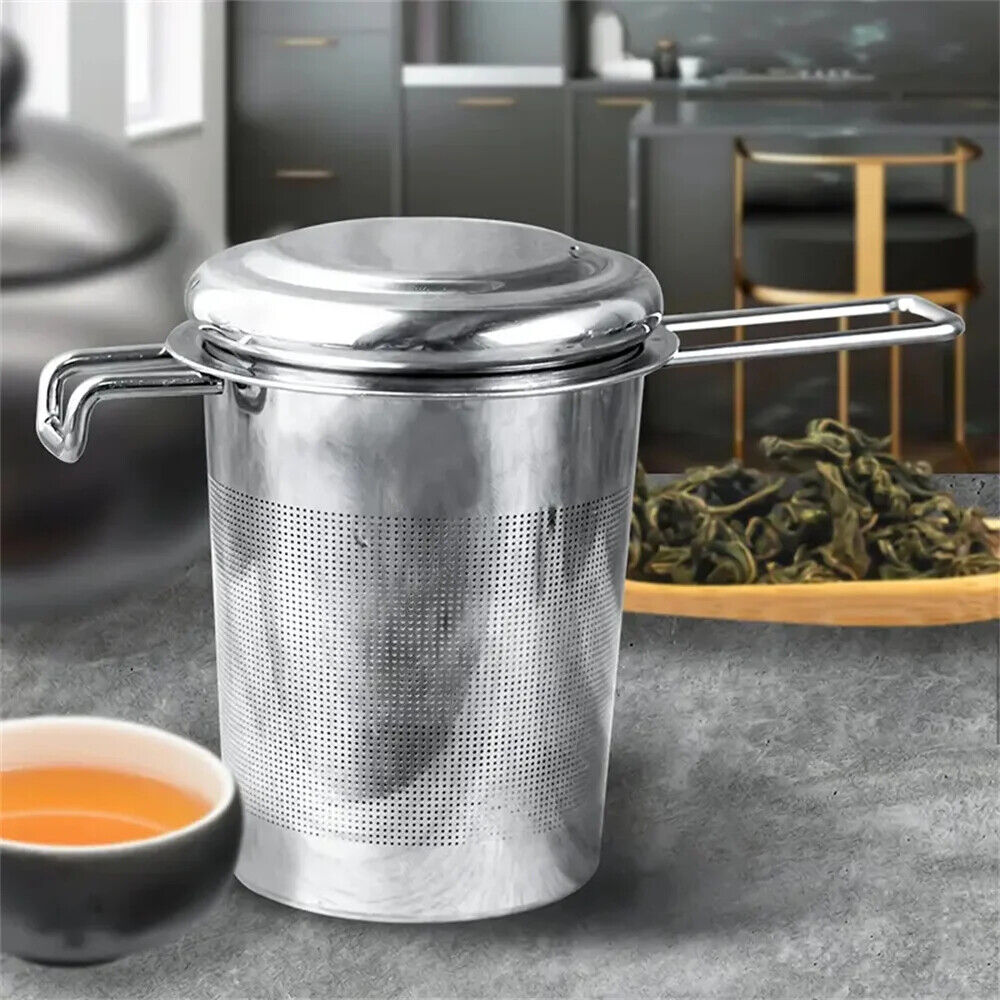 HABO Edelstahl Tee-Filter – Klappgriff, Sieb mit Deckel und Abtropffläche