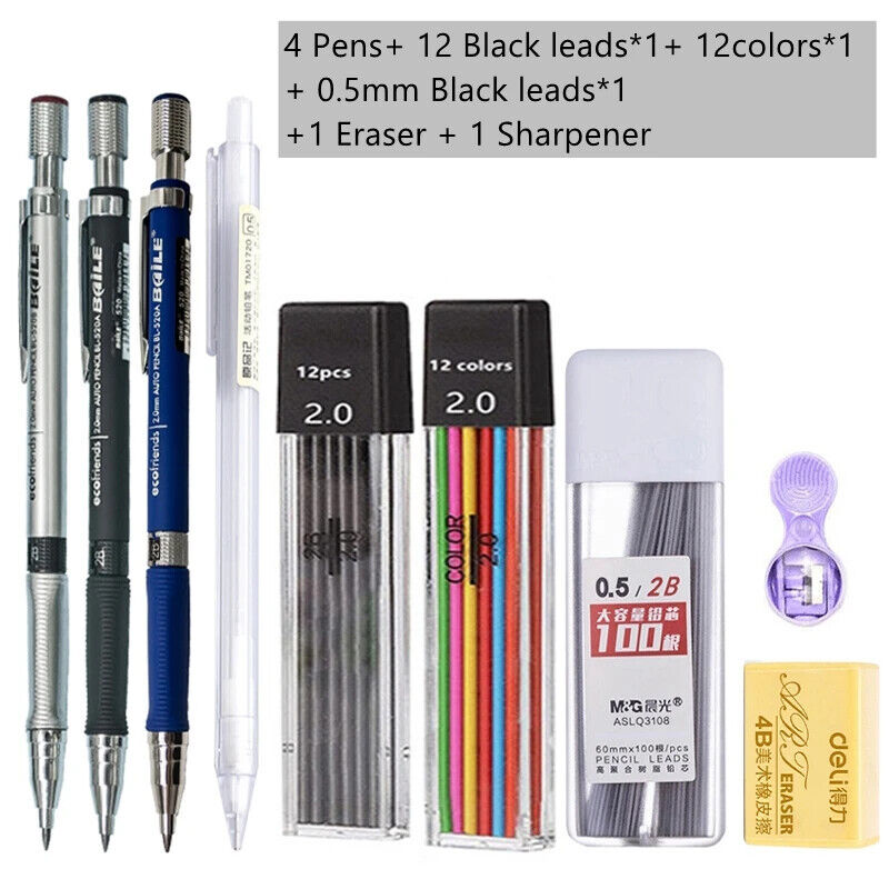 HABO Druckbleistift-Set 2,0 mm – Schwarze & Farbminen zum Schreiben, Zeichnen