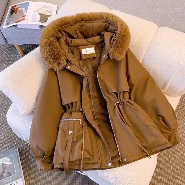 Damen Wintermantel Parka Winterjacke Kragen Gefüttert Kapuze Lang Braun Schwarz