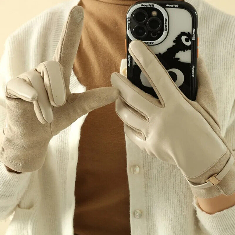 HABO Damen Handschuhe mit Schnalle Winter Kunstleder Warm Touchscreen Mode Elega