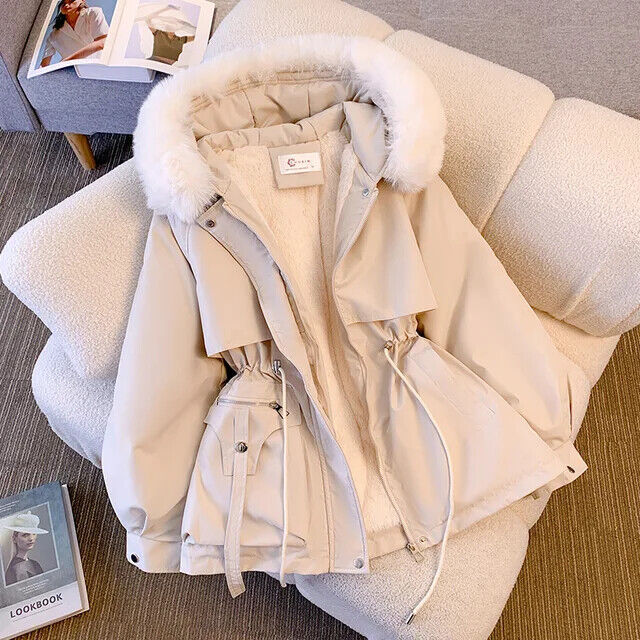 Damen Wintermantel Parka Winterjacke Kragen Gefüttert Kapuze Lang Braun Schwarz