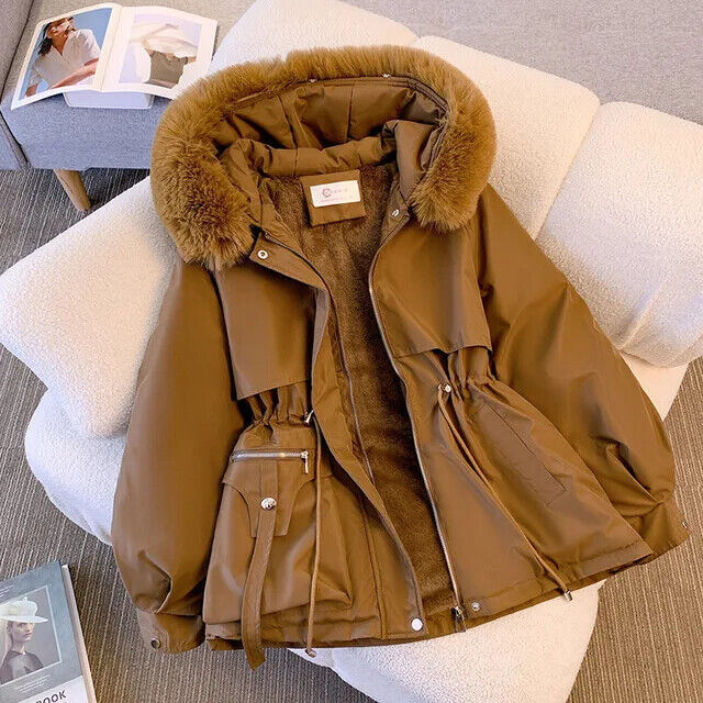 Damen Wintermantel Parka Winterjacke Kragen Gefüttert Kapuze Lang Braun Schwarz