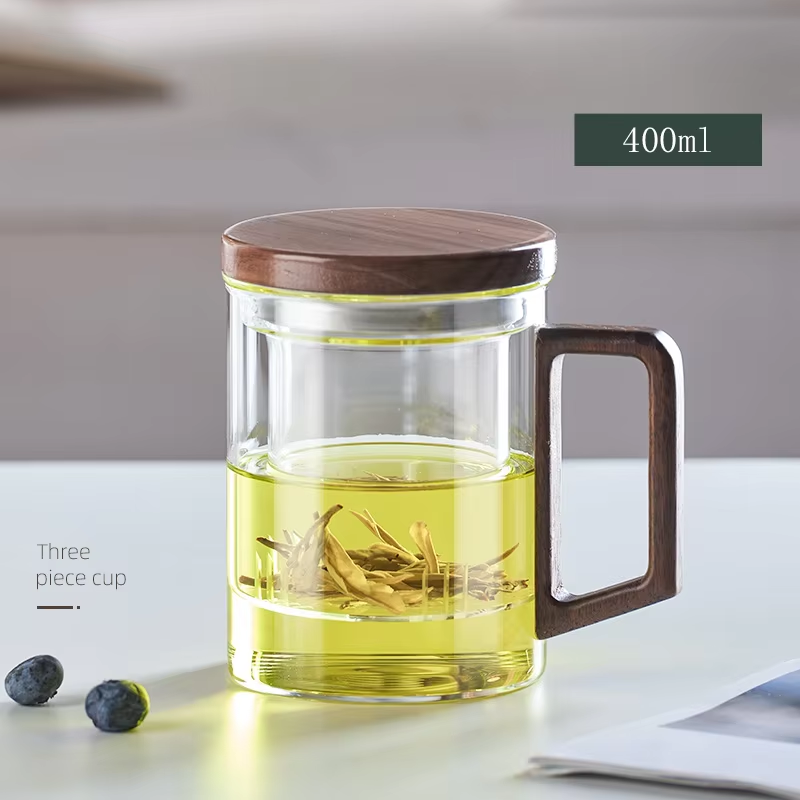 HABO Glastee Tasse mit Holzgriff Filter Becher, Hitzebeständig und Bequem