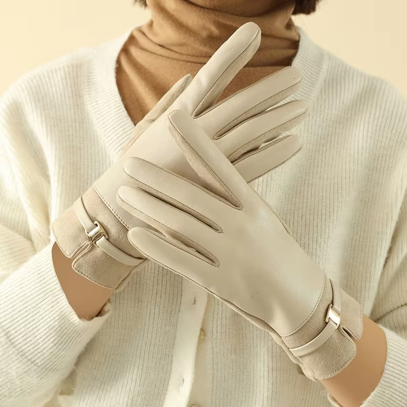 HABO Damen Handschuhe mit Schnalle Winter Kunstleder Warm Touchscreen Mode Elega