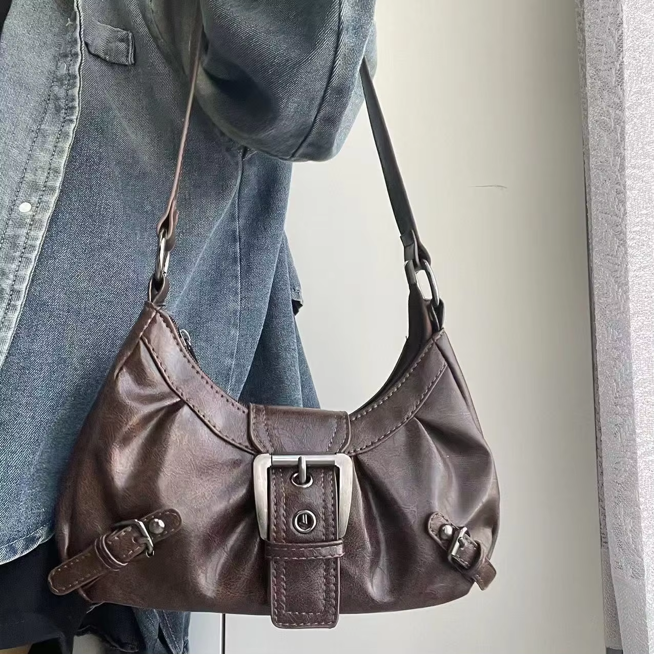 HABO Vintage Maillard Stil Handtasche Damen Kunstleder Schnalle Braun Retro Y2K