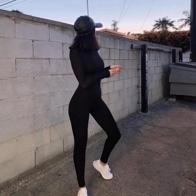 HABO Damen Jumpsuit Ganzkörper Schwarz/Grau Langarm Elastisch Fitness Sportswear