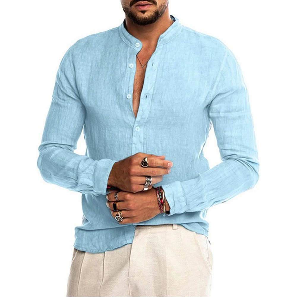 Leinen Hemd Herren Baumwolle Leinen Langarm Urlaubs Shirts Sommer Stehkragen