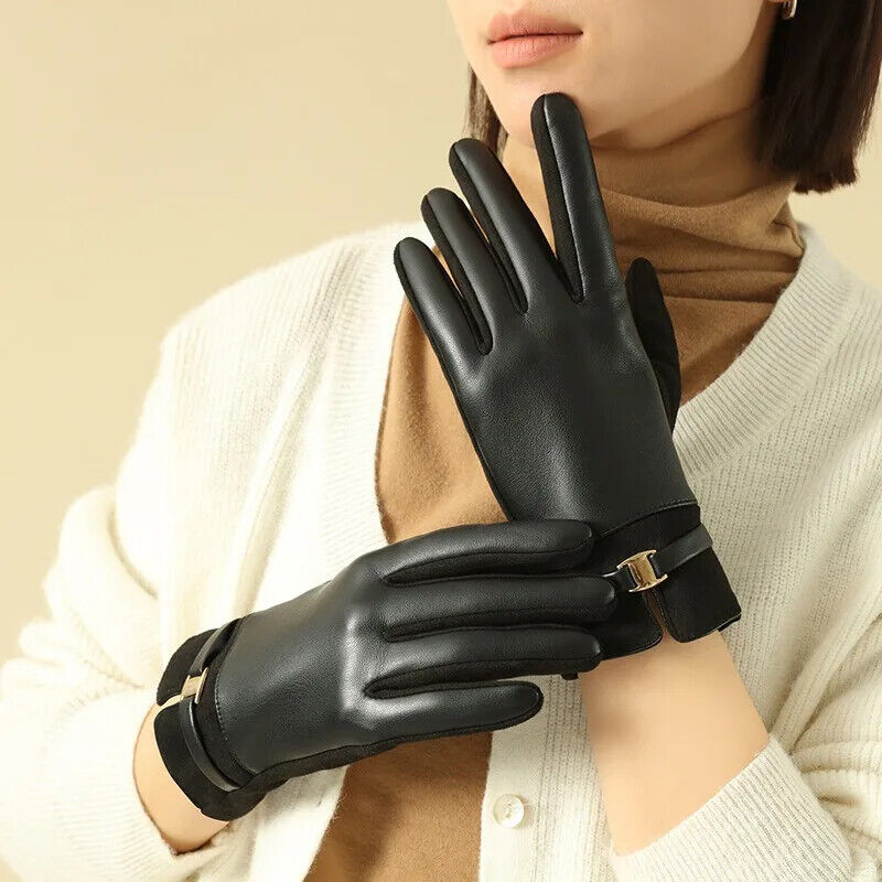 HABO Damen Handschuhe mit Schnalle Winter Kunstleder Warm Touchscreen Mode Elega