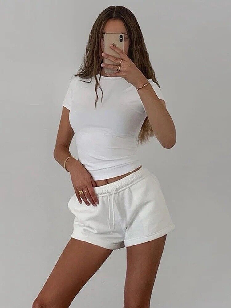 HABO Damen Kurzarm Top Short Sleeve Casual Streetwear Vintage Oberteil Weiß Rot