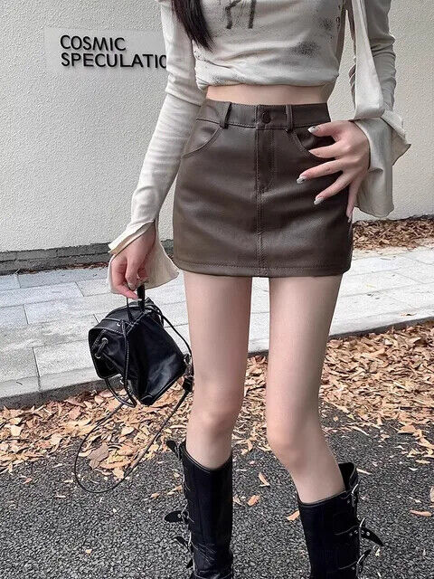 HABO Damen Kunstleder Rock Minirock A-Linie Kurz Elegant Büro Hohe Taille
