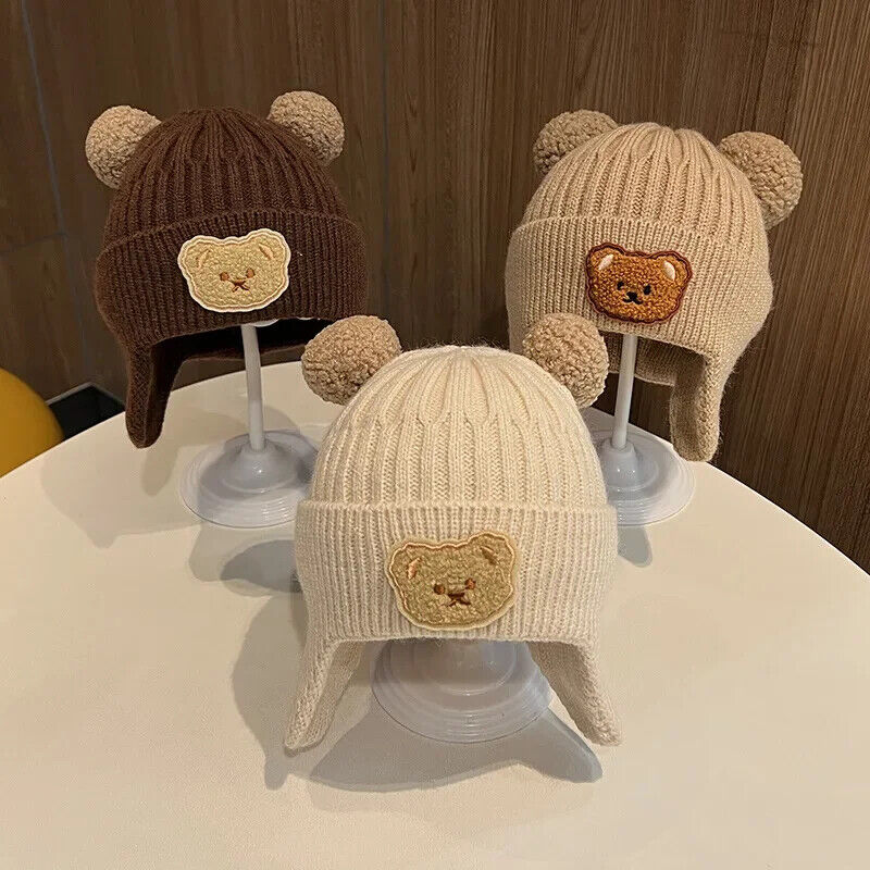 Baby Wollmütze niedliche Bärenmütze mit Ohrenschutz für Kleinkinder Winter Warm