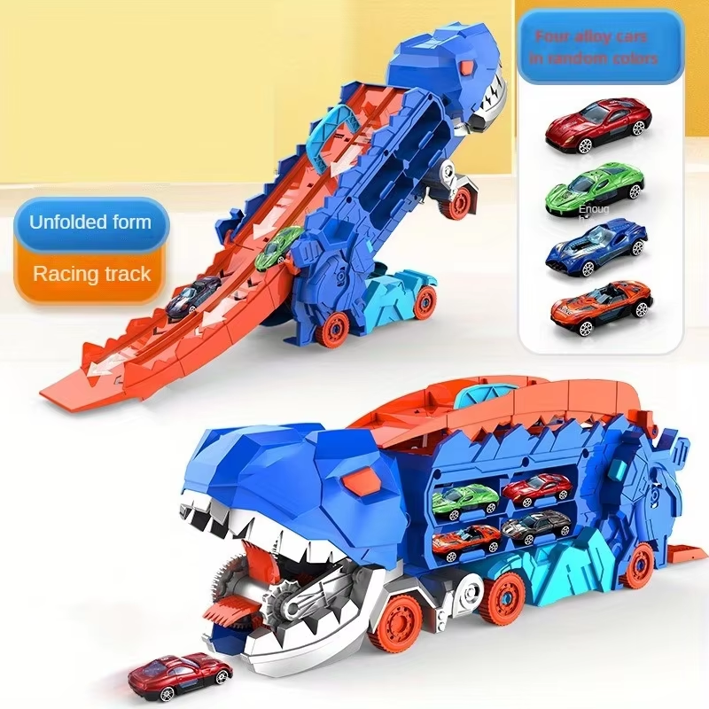 HABO Dinosaurier-LKW, in T-Rex verwandelt Rennstrecke für Autos freigibt.