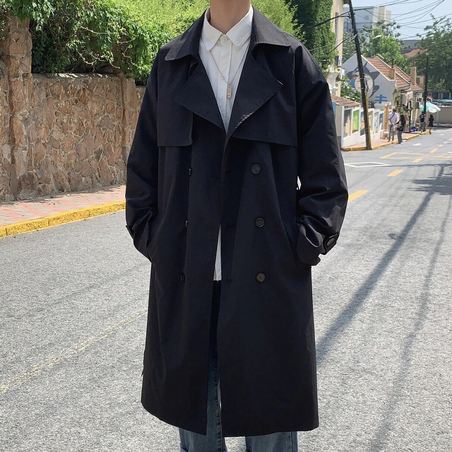 Trenchcoat Mantel Herren Streetwear Windjacke Casual Frühling Langmantel