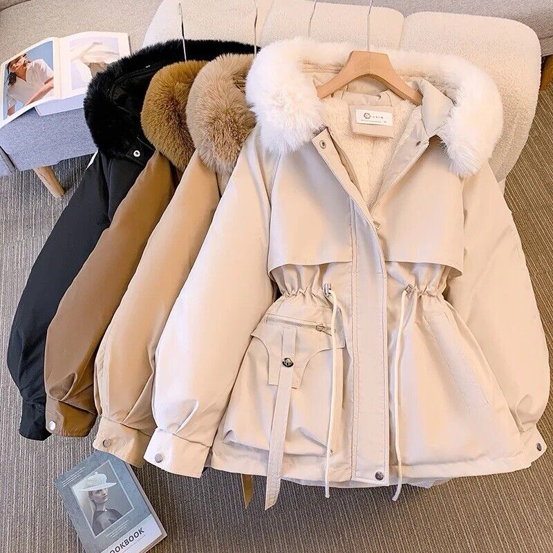 Damen Wintermantel Parka Winterjacke Kragen Gefüttert Kapuze Lang Braun Schwarz
