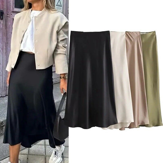 HABO Damen Rock Satin Lang Elegant Büro Frauen 4 Verschiedene Farben