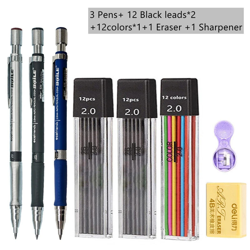 HABO Druckbleistift-Set 2,0 mm – Schwarze & Farbminen zum Schreiben, Zeichnen