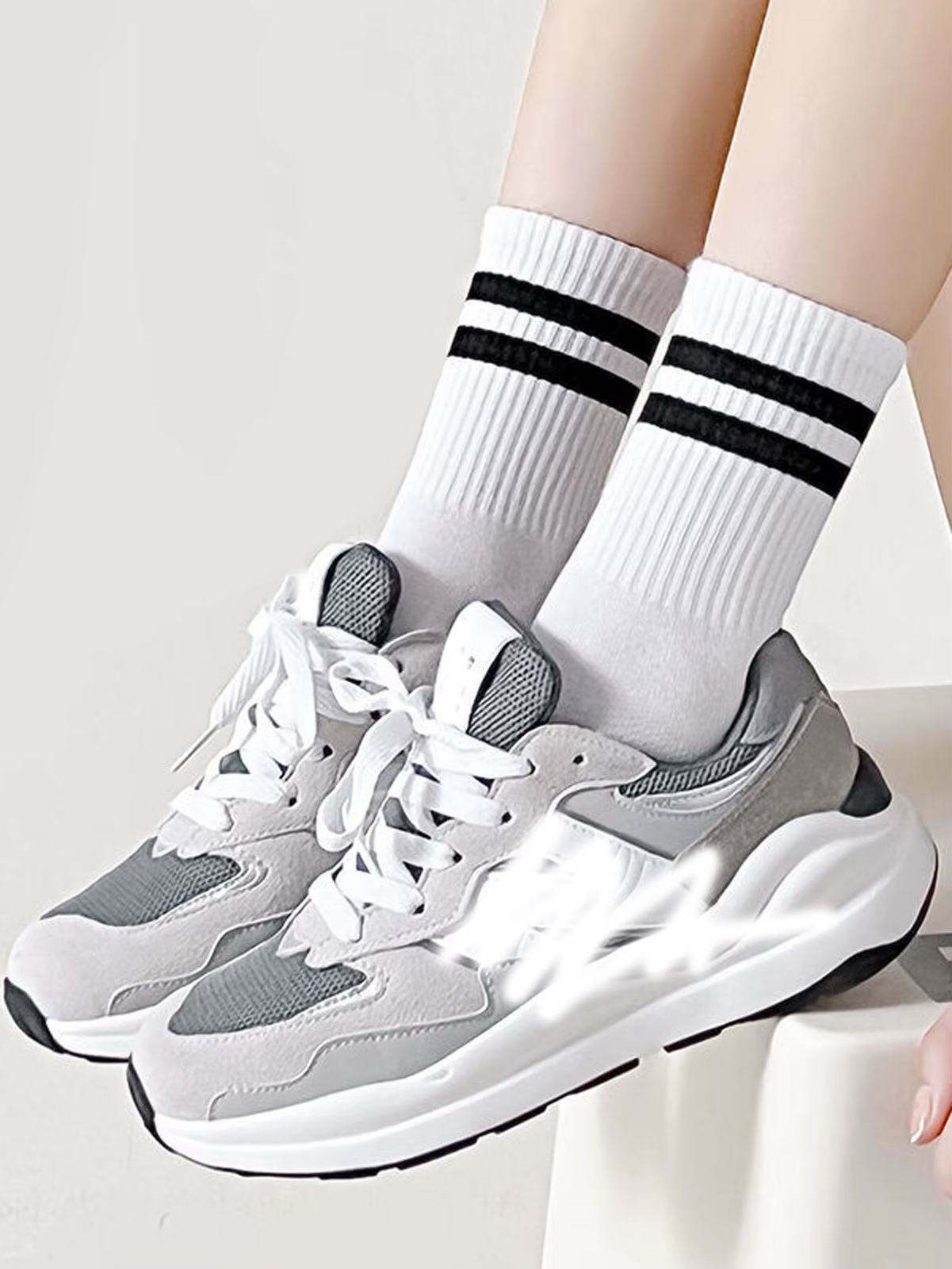 HABO 6 Paar Socken Weiß Schwarz Hoch Tennis Sport Mit Streifen Bequem Trendy 