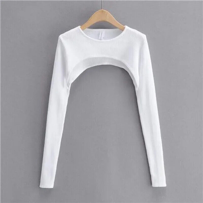 Langarm Crop Top Bauchfrei Frauen Frühling Herbst O-Ausschnitt Gestrickt T-Shirt