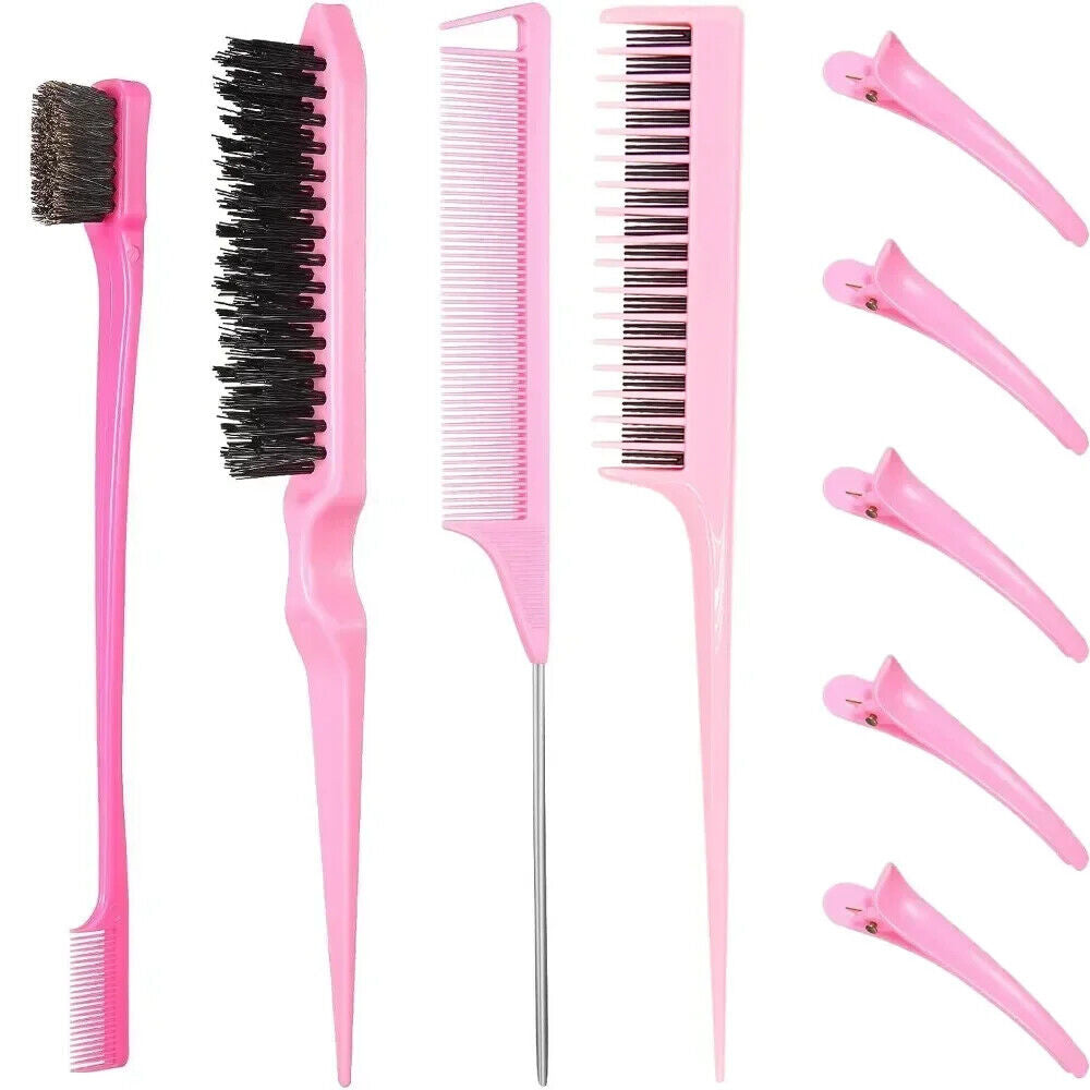 HABO 9PCS Haar Styling Kamm Set Sleek Zopf Bürste Haarklammern Rosa Schwarz