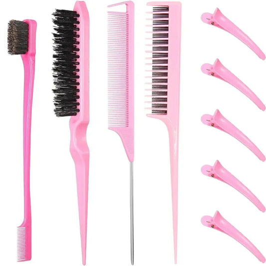 HABO 9PCS Haar Styling Kamm Set Sleek Zopf Bürste Haarklammern Rosa Schwarz