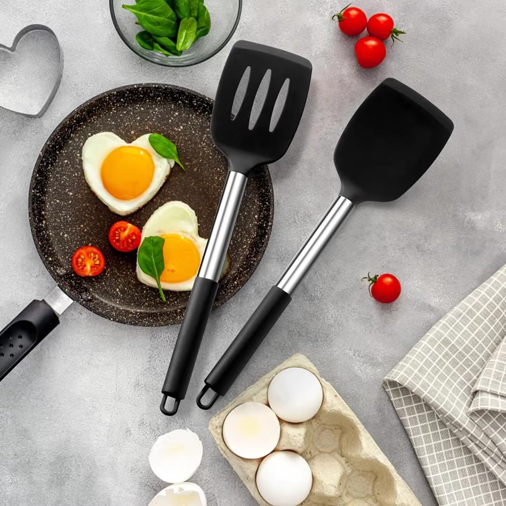 HABO 2 Stück Pfannen Wender Silikon Set Schwarz Kochen Antihaft Grillen Braten