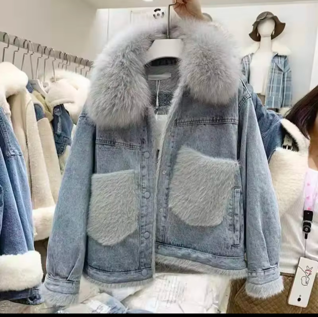 Jeans Jacke Korean Style Koreanische Übergangsjacke Winterjacke mit Pelz flausch
