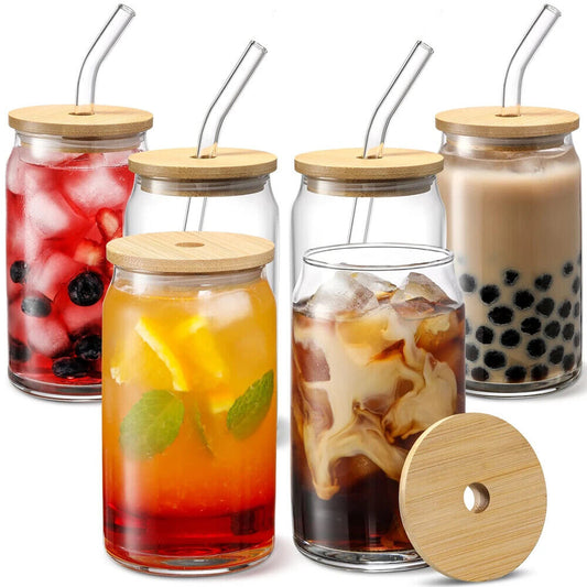 HABO 350Ml/550Ml Glas Becher Mit Deckel Und Strohhalm Kaffee Matcha Bambus 