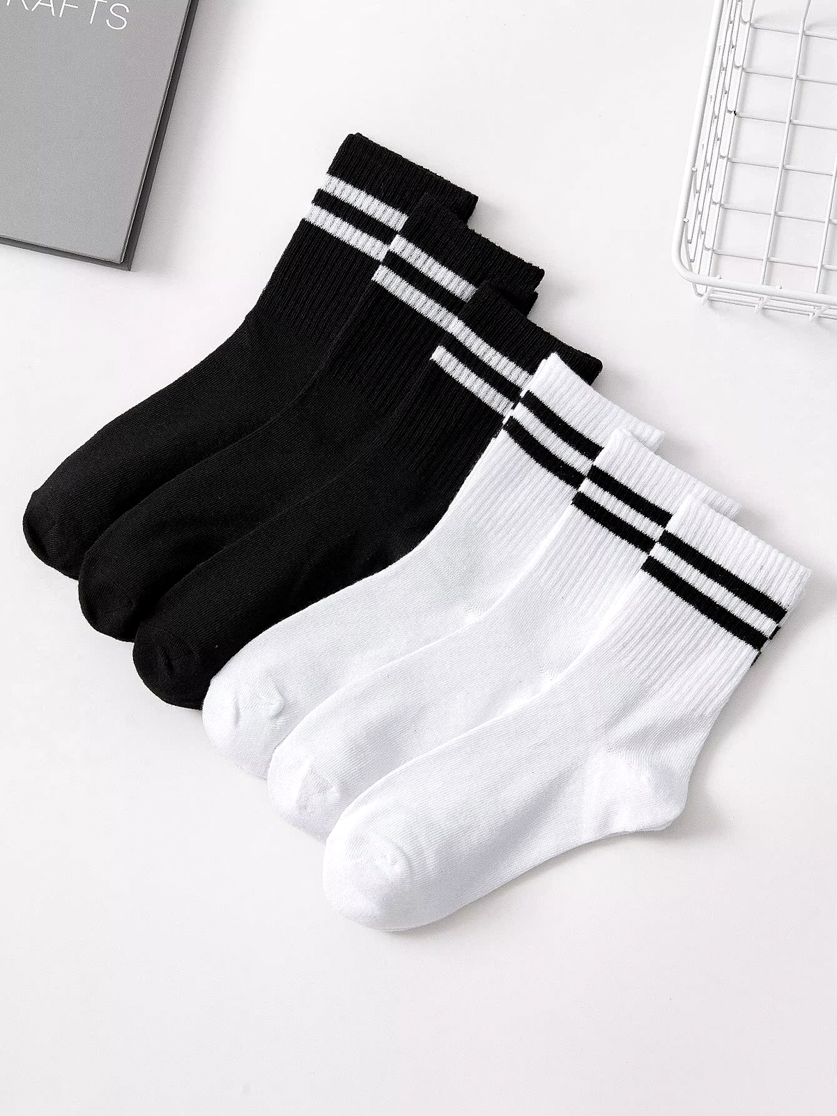 HABO 6 Paar Socken Weiß Schwarz Hoch Tennis Sport Mit Streifen Bequem Trendy 