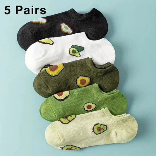 HABO 5 Paar Sneaker Socken Avocado Blumen Süß Grün Frauen Niedlich Mädchen Kawai