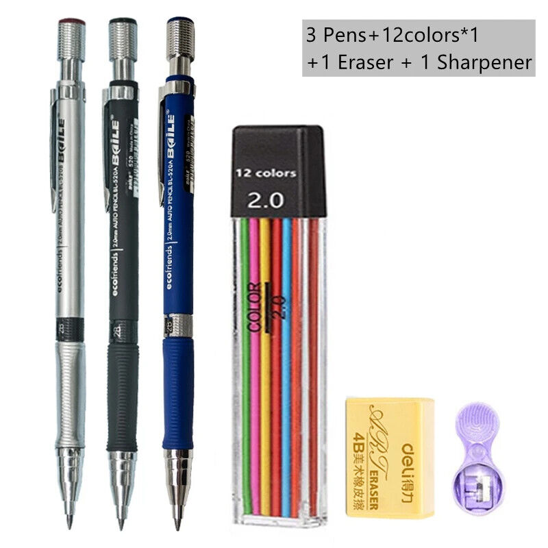 HABO Druckbleistift-Set 2,0 mm – Schwarze & Farbminen zum Schreiben, Zeichnen