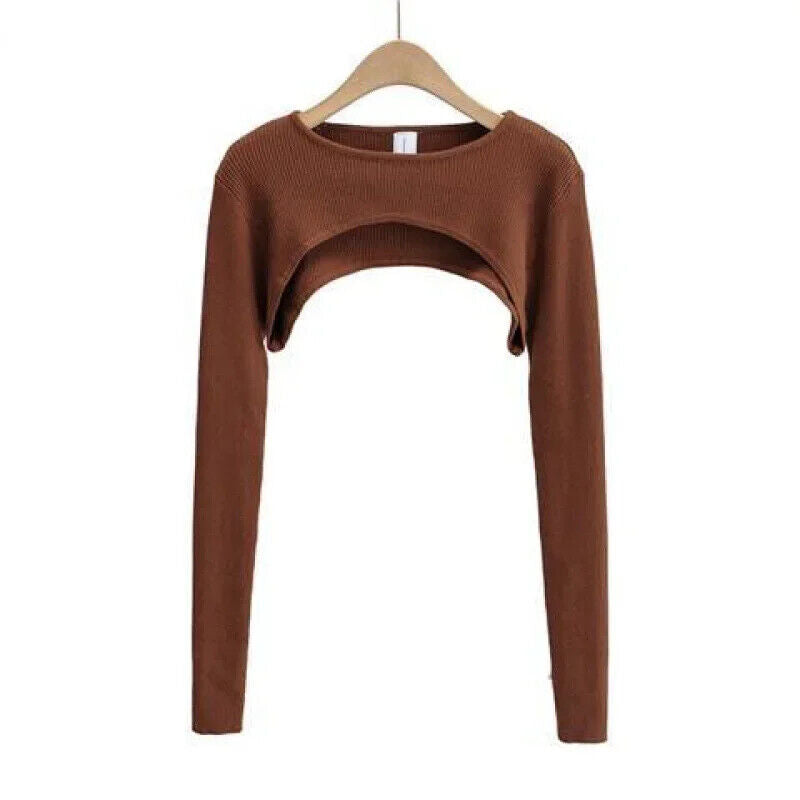 Langarm Crop Top Bauchfrei Frauen Frühling Herbst O-Ausschnitt Gestrickt T-Shirt