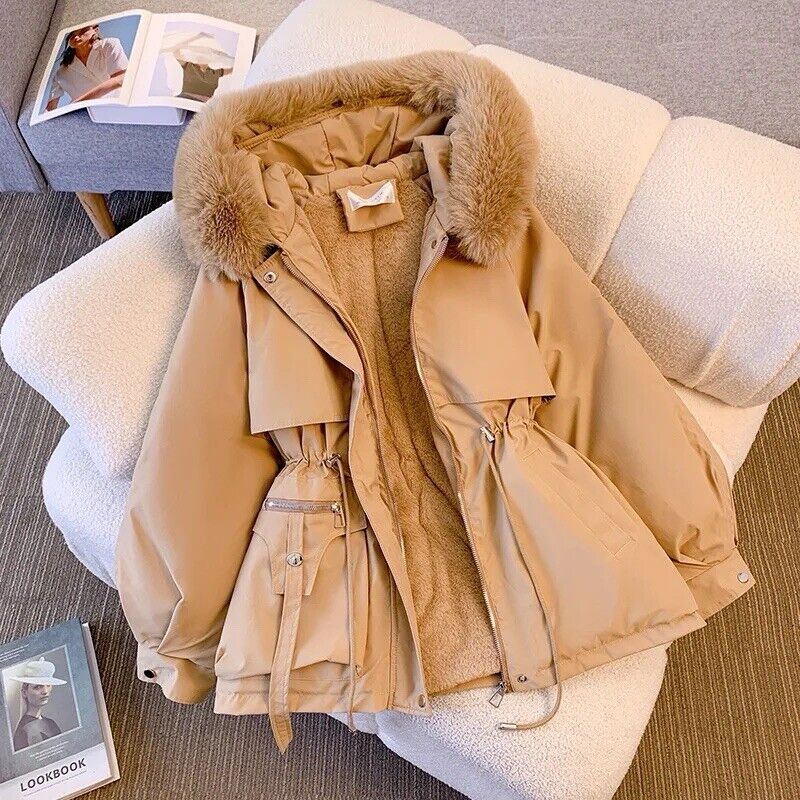 Damen Wintermantel Parka Winterjacke Kragen Gefüttert Kapuze Lang Braun Schwarz