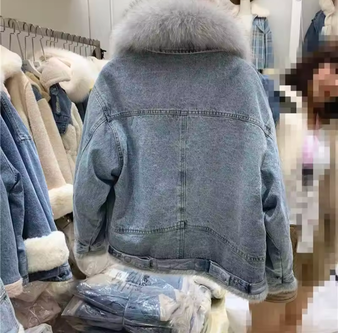 Jeans Jacke Korean Style Koreanische Übergangsjacke Winterjacke mit Pelz flausch