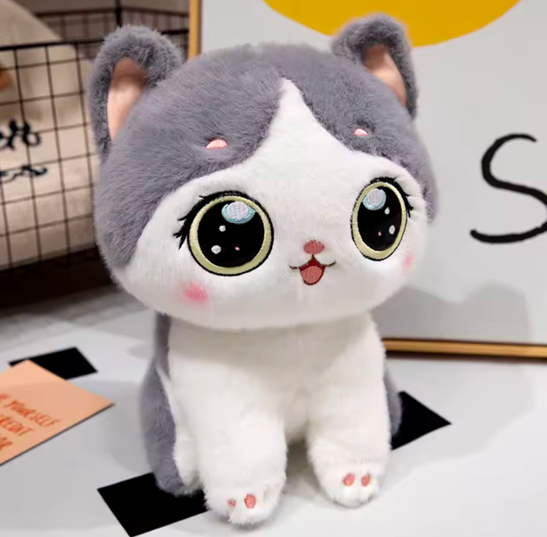 Katze Plüschtier Kuscheltier Süß große Augen schwarz grau weich kuschelig