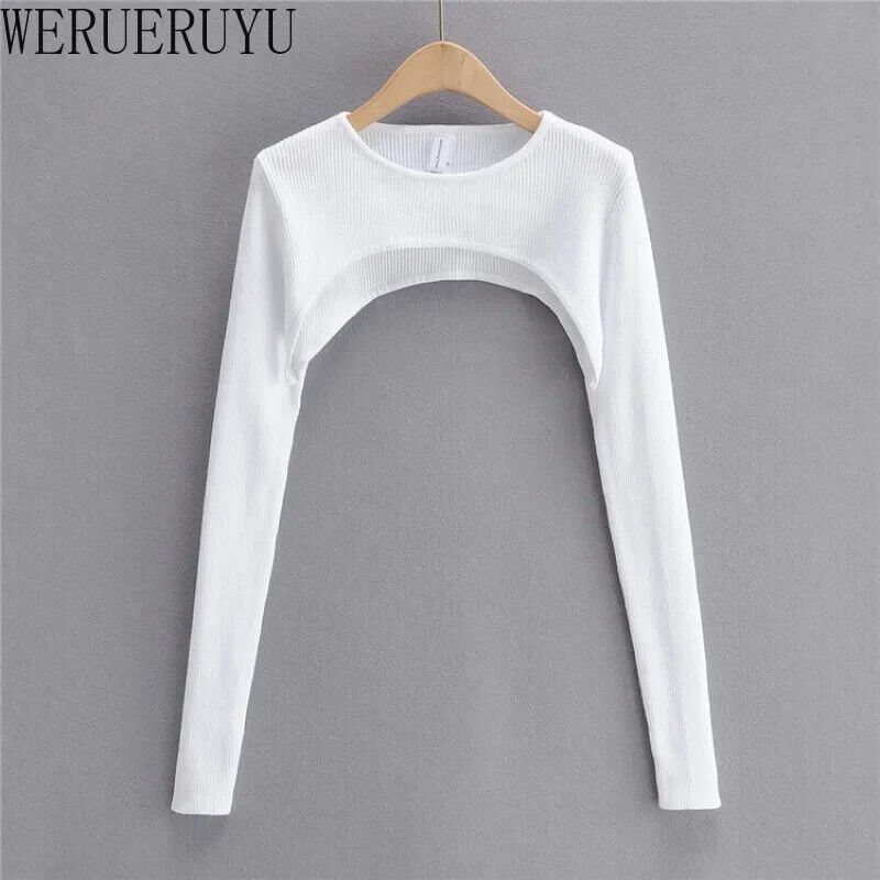 Langarm Crop Top Bauchfrei Frauen Frühling Herbst O-Ausschnitt Gestrickt T-Shirt