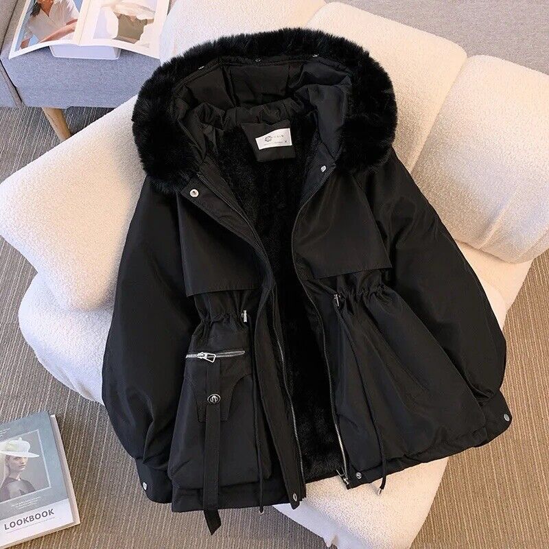 Damen Wintermantel Parka Winterjacke Kragen Gefüttert Kapuze Lang Braun Schwarz