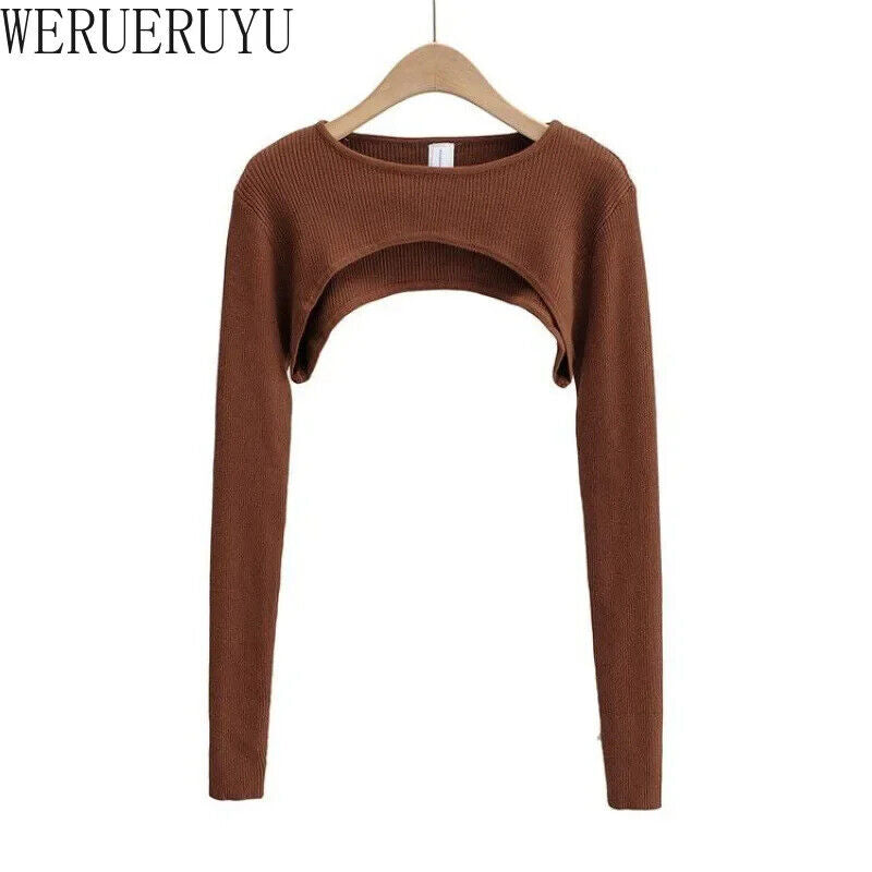 Langarm Crop Top Bauchfrei Frauen Frühling Herbst O-Ausschnitt Gestrickt T-Shirt