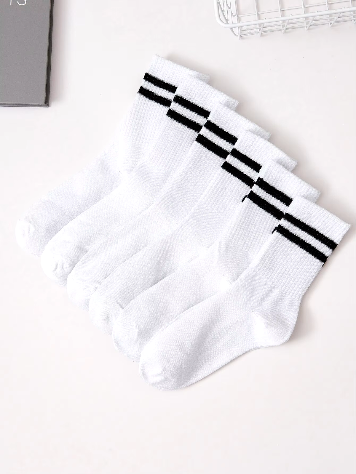 HABO 6 Paar Socken Weiß Schwarz Hoch Tennis Sport Mit Streifen Bequem Trendy 