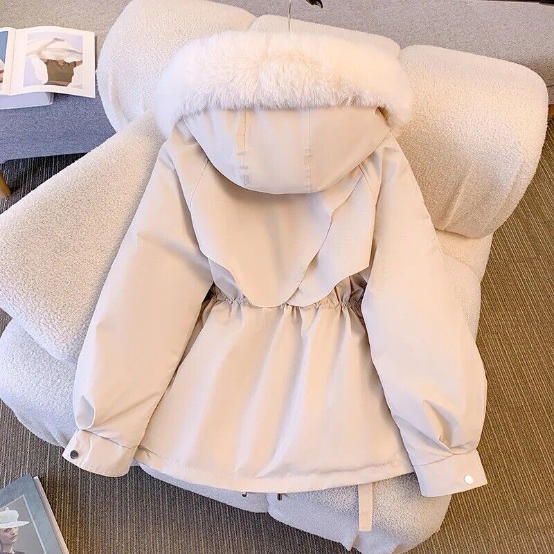 Damen Wintermantel Parka Winterjacke Kragen Gefüttert Kapuze Lang Braun Schwarz