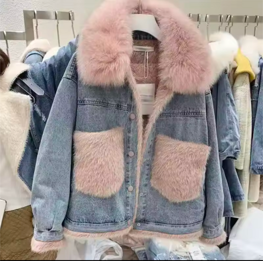 Jeans Jacke Korean Style Koreanische Übergangsjacke Winterjacke mit Pelz flausch