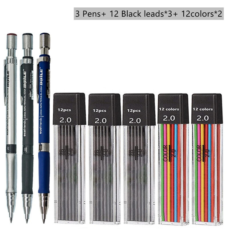 HABO Druckbleistift-Set 2,0 mm – Schwarze & Farbminen zum Schreiben, Zeichnen