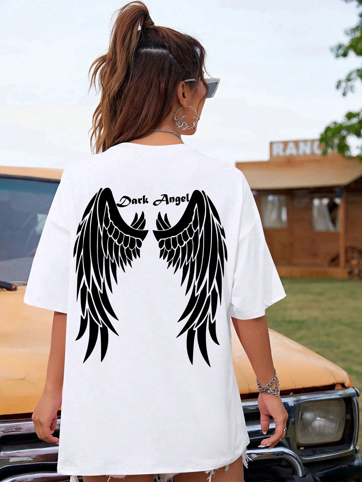 Dark Angel Wing T-Shirt für Frauen Baggy Lose Übergroße Flügel Design Shirt