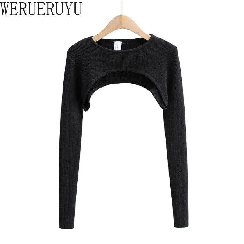Langarm Crop Top Bauchfrei Frauen Frühling Herbst O-Ausschnitt Gestrickt T-Shirt